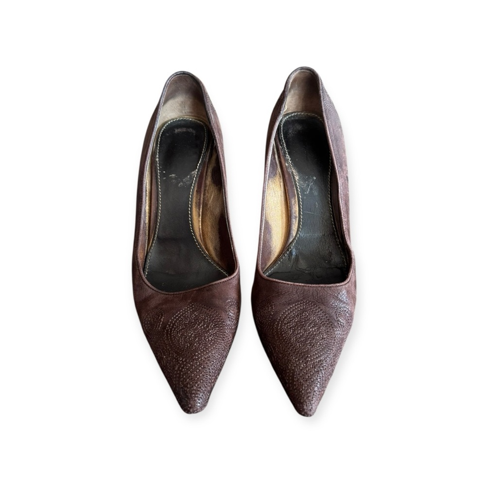 Prada brown leather embroidered heel VINTAGE style 90s early 2000s 36.5 US 6.5 - Picture 3 of 12